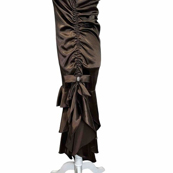 Vintage 90s y2k Blondie Nites Prom Gown Halter Brown Satin Ruffle Jr S Assymetri - Picture 2 of 12